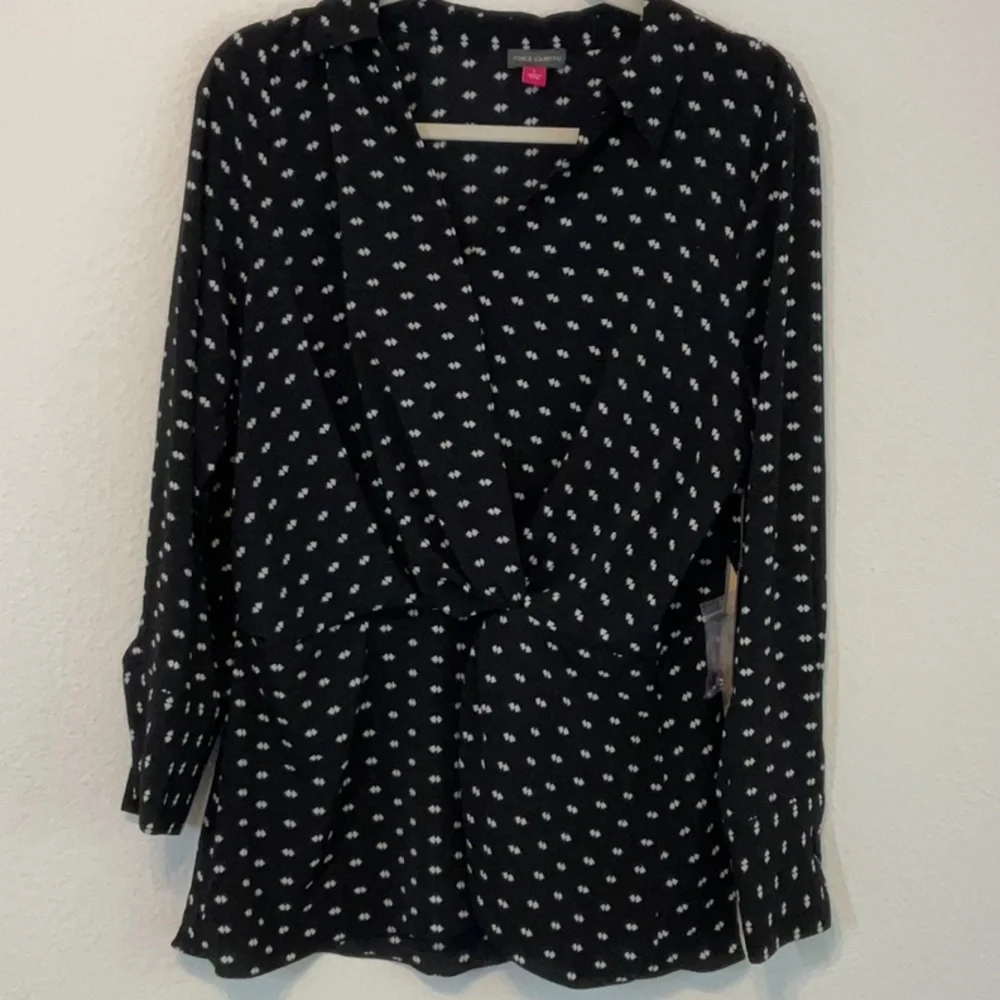 Vince Camuto Long Sleeve Faux Wrap Blouse Black White Large - Picture 2 of 14